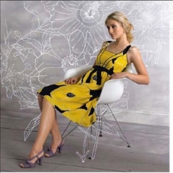 Anthro Moulinette Soeurs Brighter Seasons Mustard Floral 100% Silk Dress -Size 0 - Picture 2 of 11